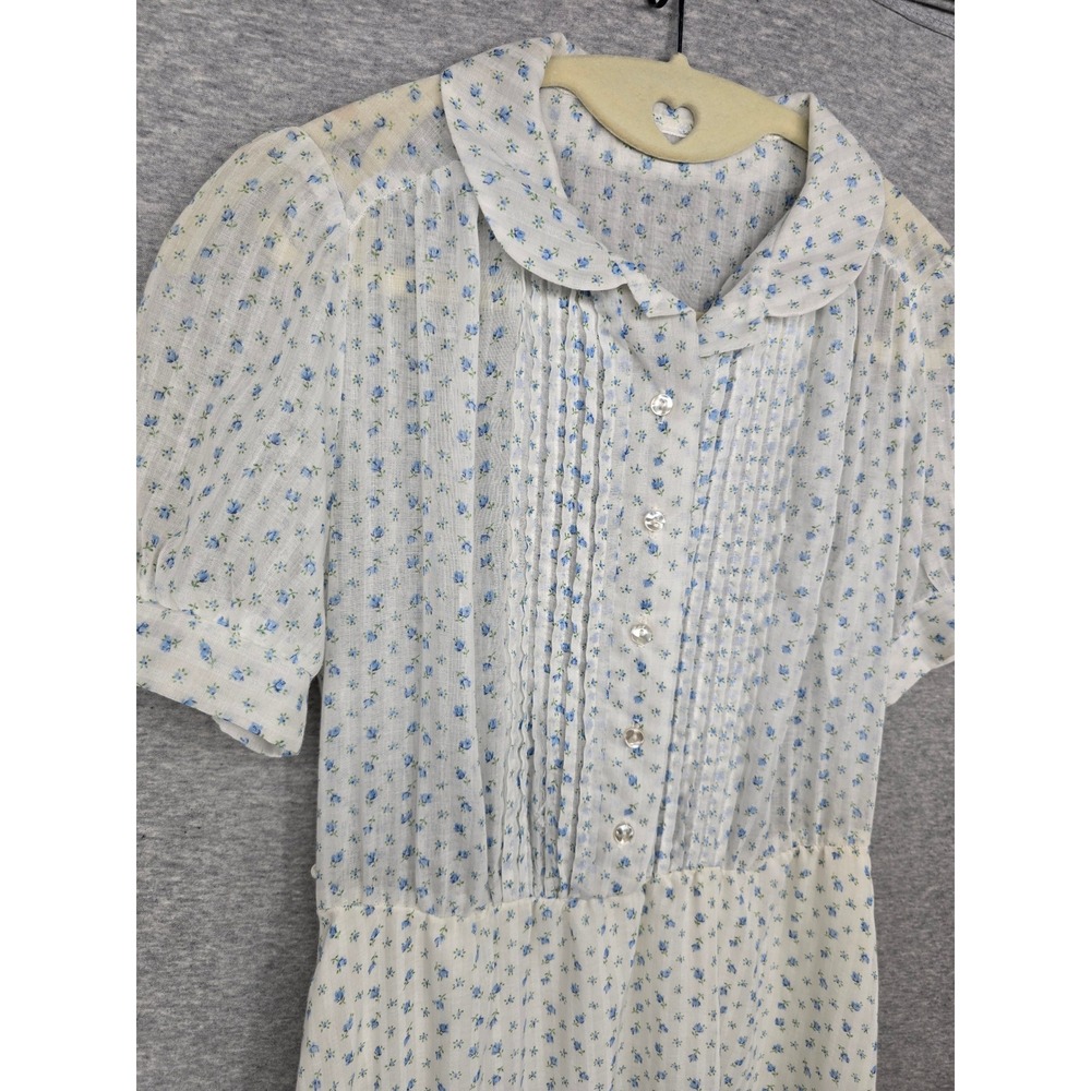 Vintage Blue Floral Pintuck Midi Dress Peter Pan Collar Short Sleeve White